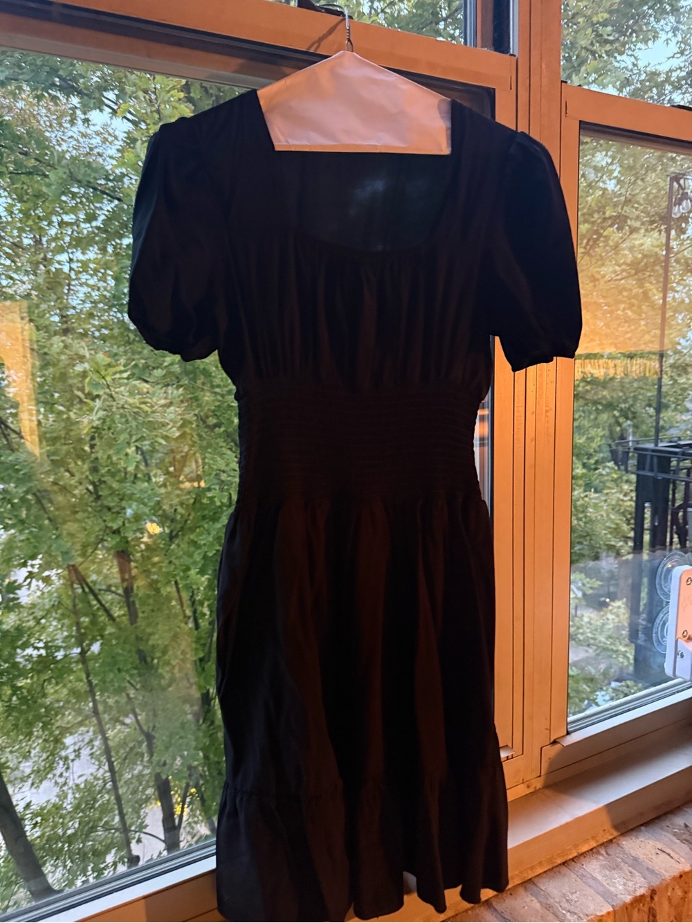 Black Puff-Sleeve Smocked-Waist Midi Dress